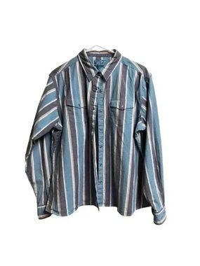 Wrangler Striped Snap Button Button Down Blue Embroidered Horse Size XL